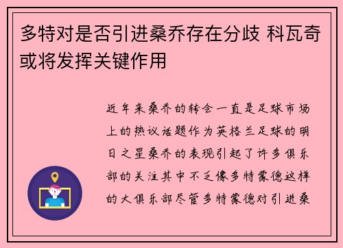 多特对是否引进桑乔存在分歧 科瓦奇或将发挥关键作用