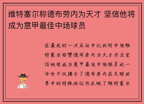 维特塞尔称德布劳内为天才 坚信他将成为意甲最佳中场球员