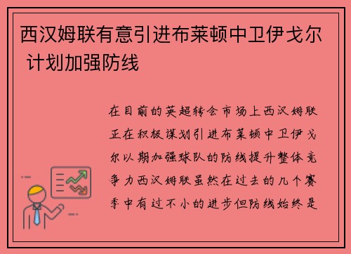西汉姆联有意引进布莱顿中卫伊戈尔 计划加强防线