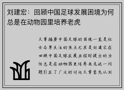 刘建宏：回顾中国足球发展困境为何总是在动物园里培养老虎